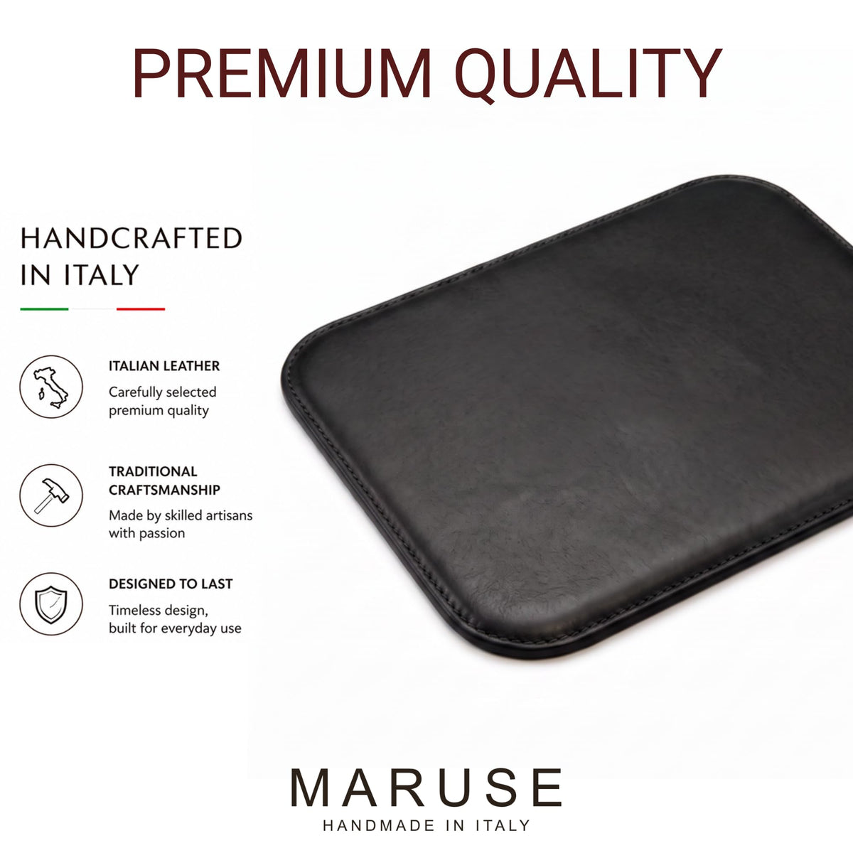Maruse Italian Leather Mouse Pad for Home or Office Desktop, Handmade in Italy, Black