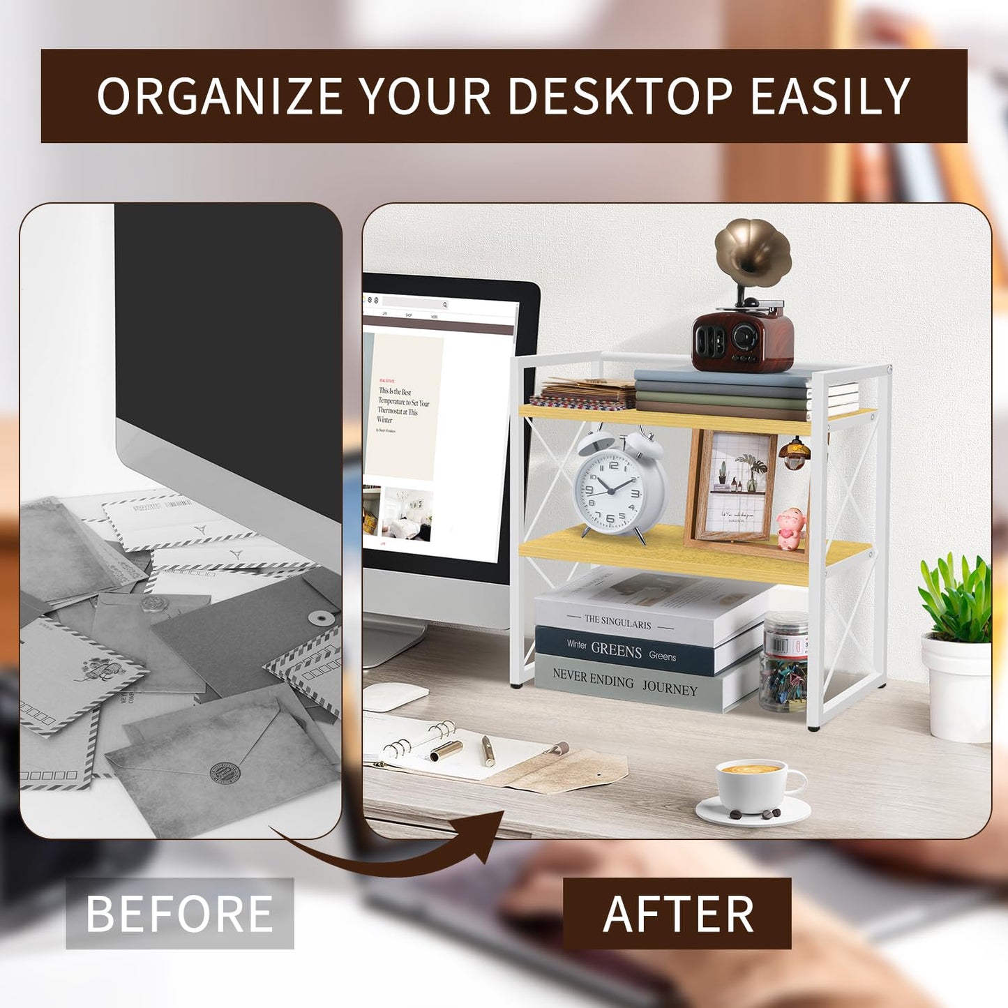 YINMIT Desktop Shelf Organizer, 2 Tier Office Shelves, Wood Desk Organizer Storage Rack and