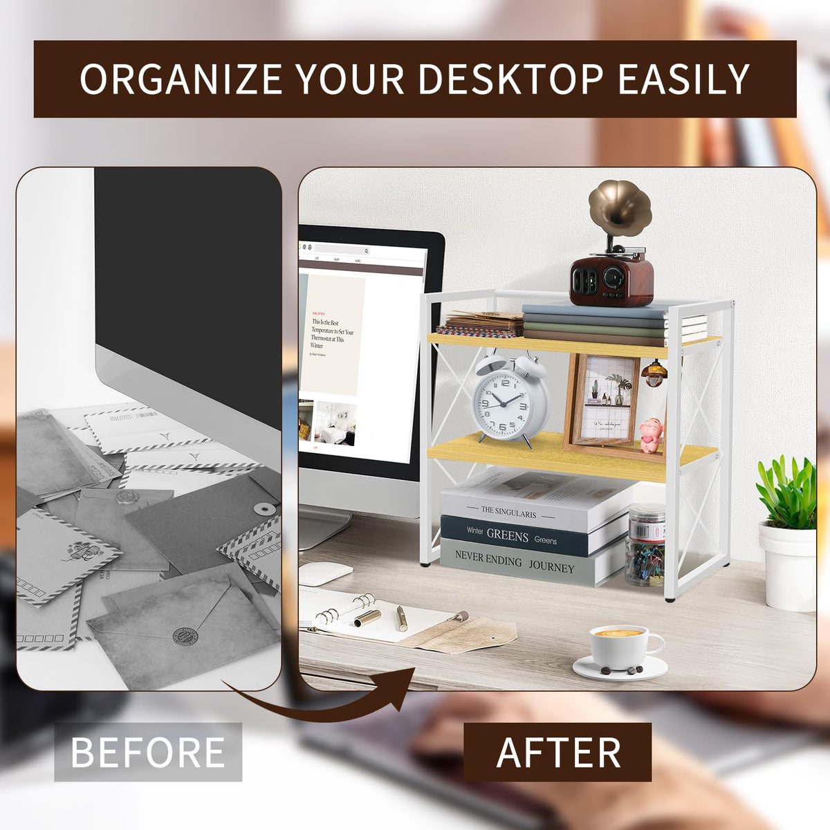 YINMIT Desktop Shelf Organizer, 2 Tier Office Shelves, Wood Desk Organizer Storage Rack and