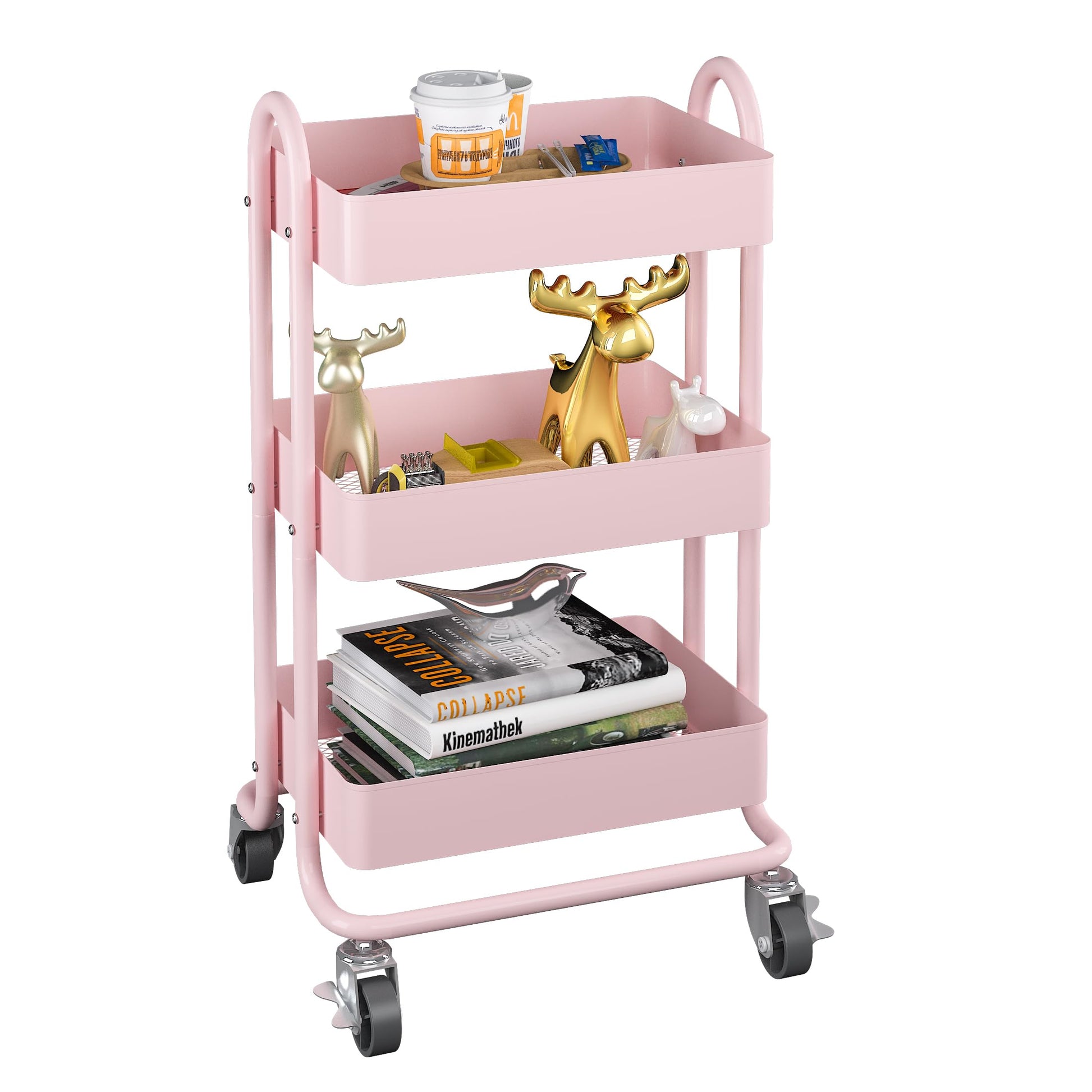 MIOCASA 3-Tier Metal Utility Rolling Cart, Heavy Duty Multifunction Cart with Lockable Casters