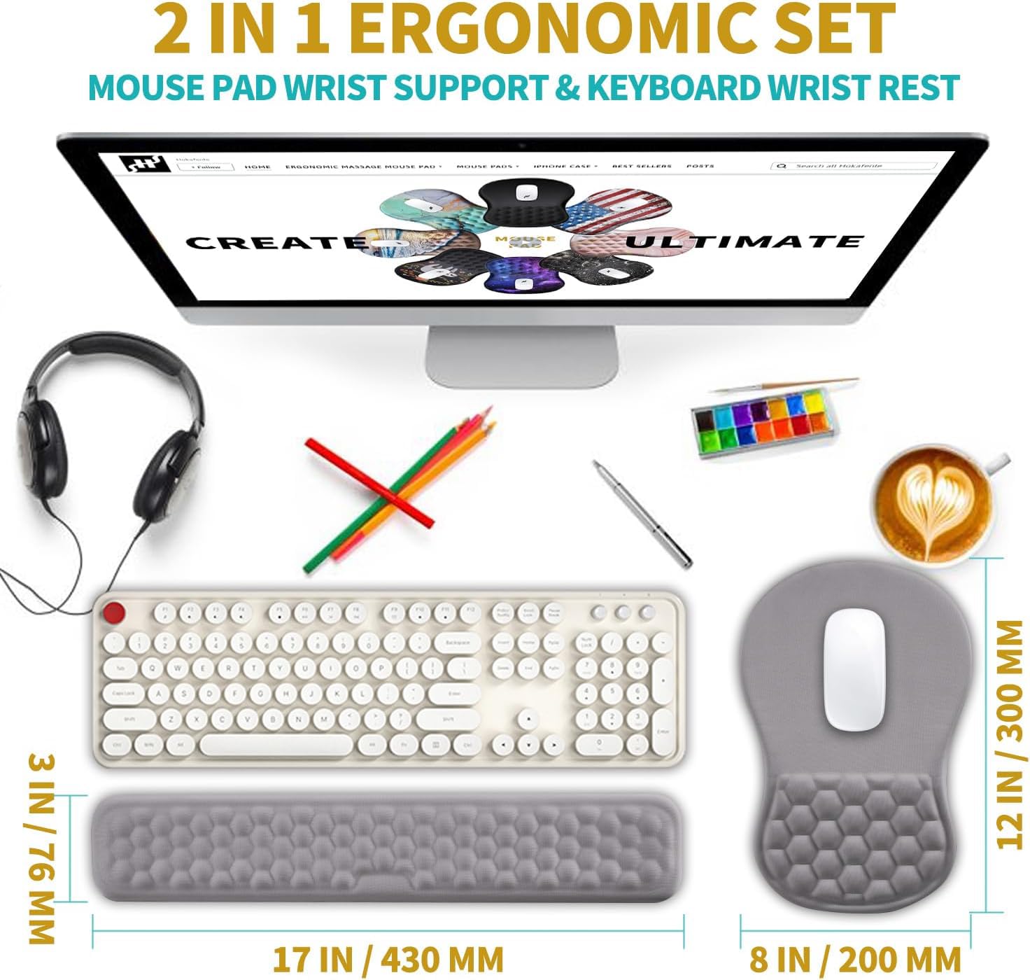 Hokafenle 2 In 1 Ergonomic Mouse Pad Wrist Support & Wrist Rest For Computer Keyboard Set, with