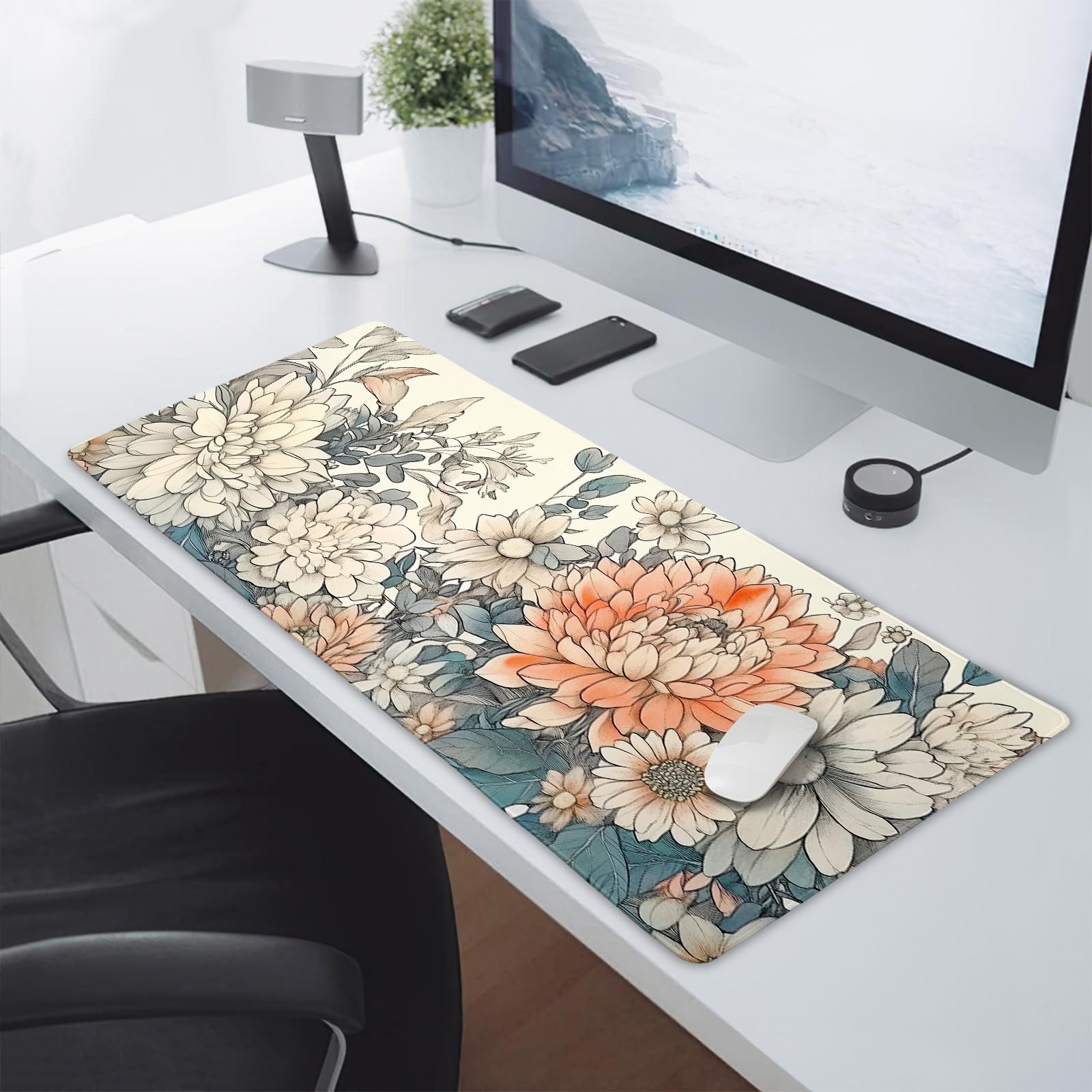 Japanese Aesthetic Floral Gaming Mouse Pad XXL Vintage Orange White Flowers Extended Large Mat