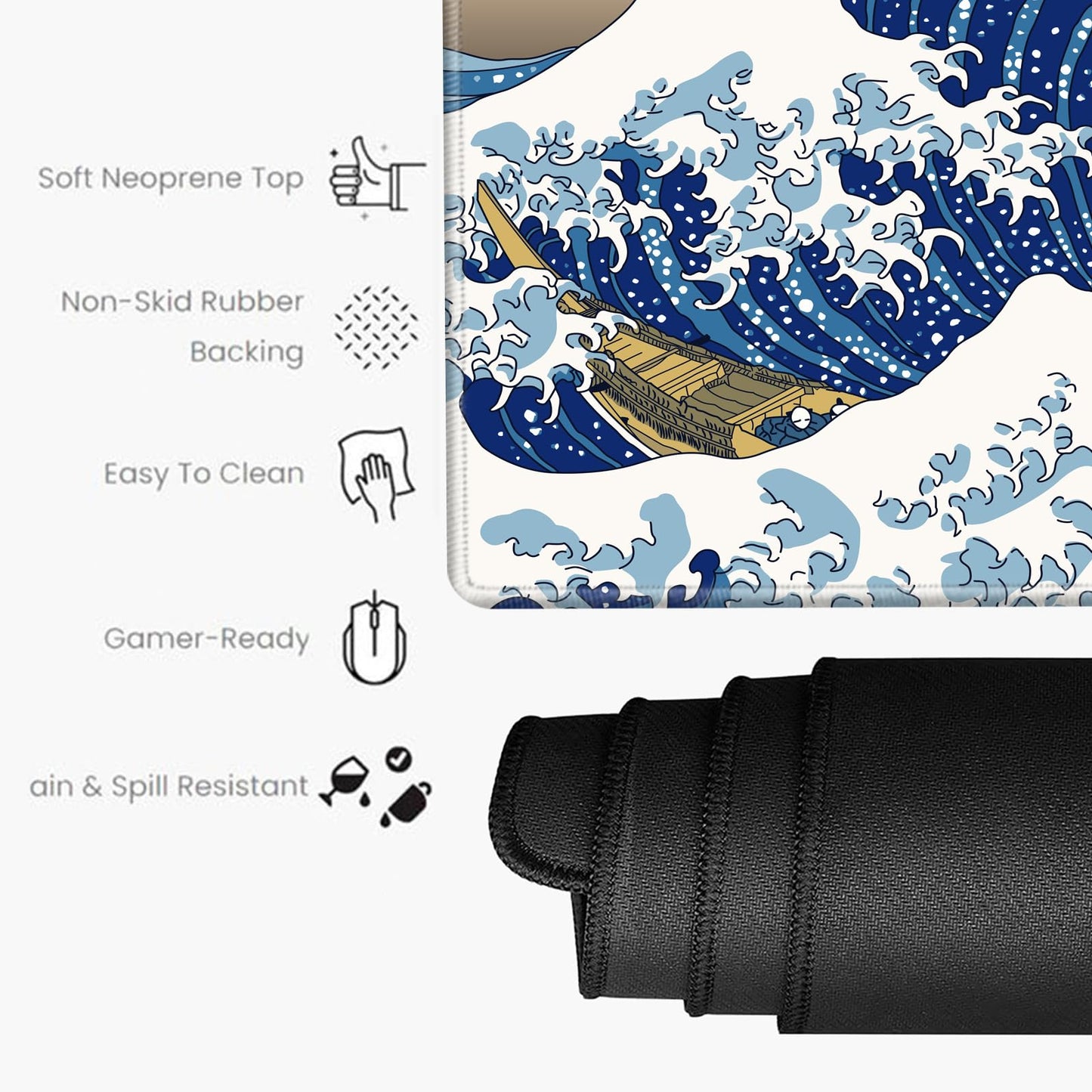 24x48 Mouse Pad Gaming Desk Mat Giant Japanese Sea Wave Mousepad Large Desk Pad Oversized Huge