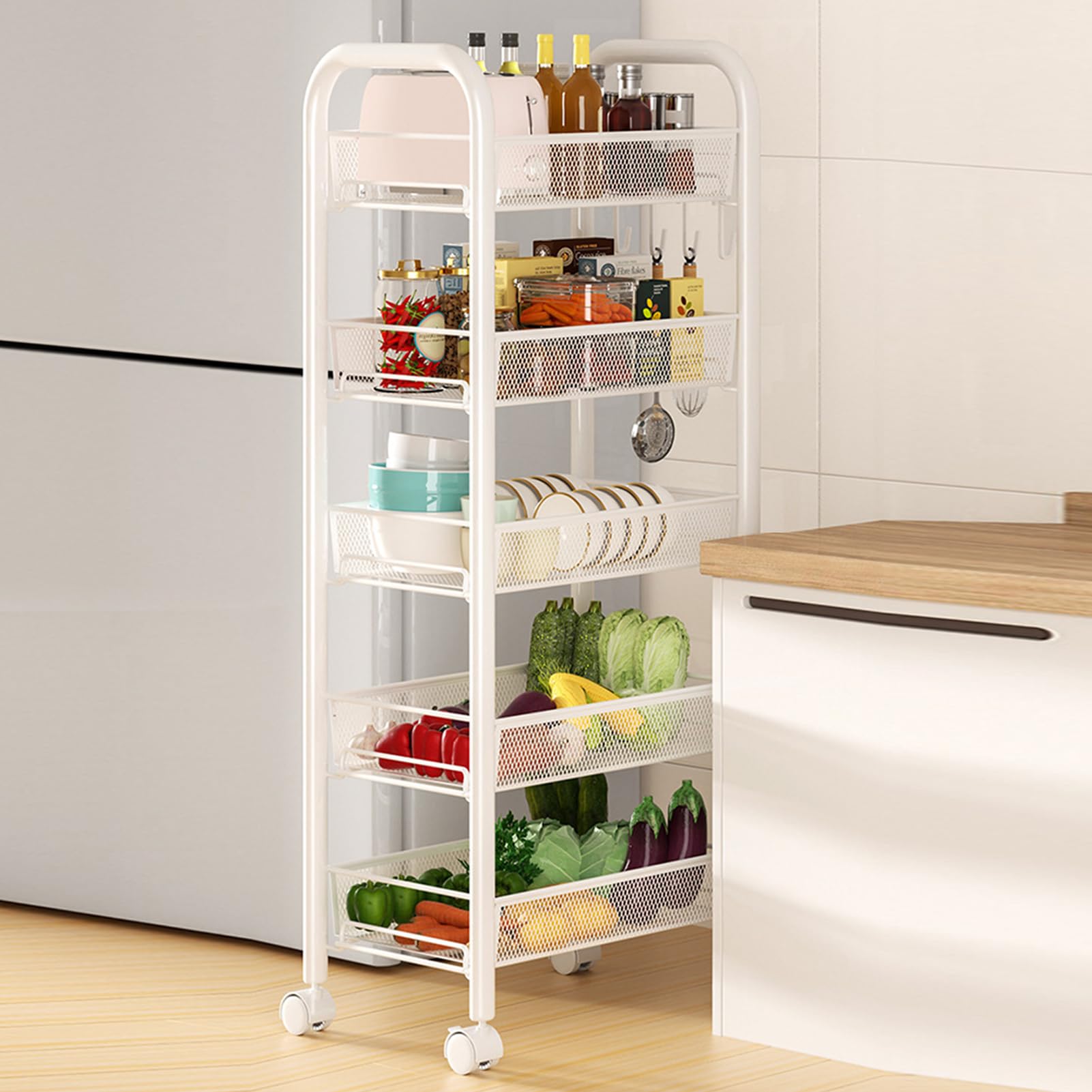 sxvbdway Fruit Vegetable Basket Storage Cart 5 Tier Stackable Metal Mesh Storage Basket with 360