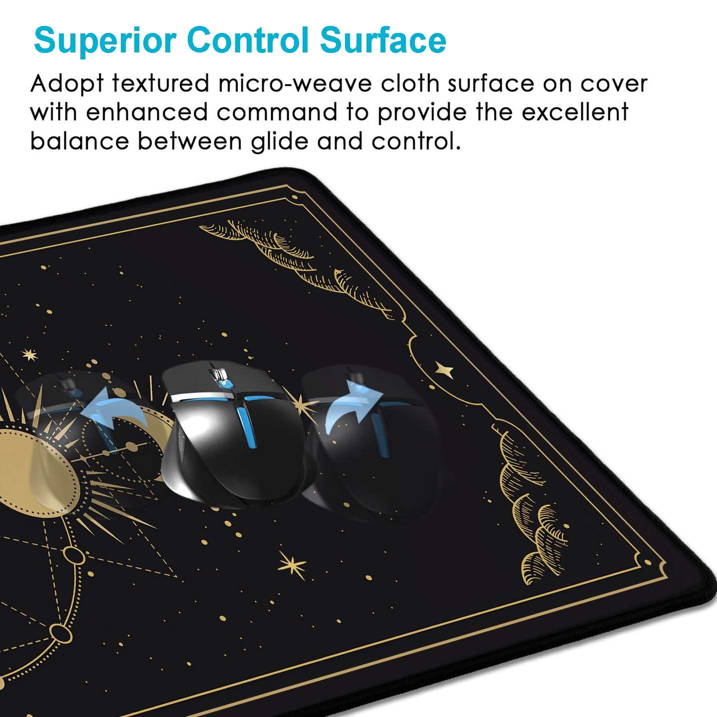 HUOCAIREN Moon Phases Large Mouse Pad, Celestial Moon Cycle Lunar Chart in Black and Gold Desk Pad