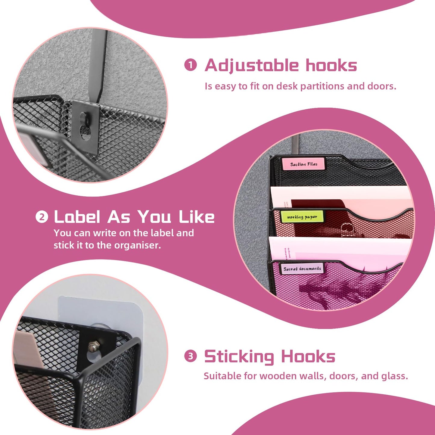 ideallife 3 Pockets Mesh Wall File Holder Organizer Office Hanging File Folder Magazine Rack