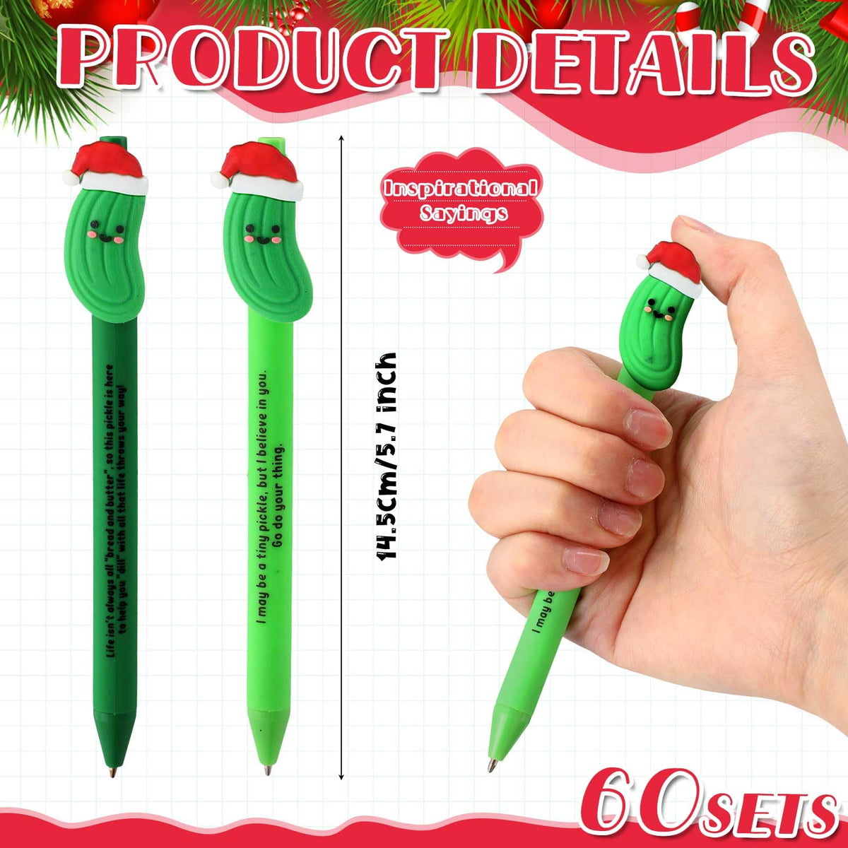 60 Pcs Positive Funny Pens Affirmation Gifts Bulk for Adults, Xmas Pickle