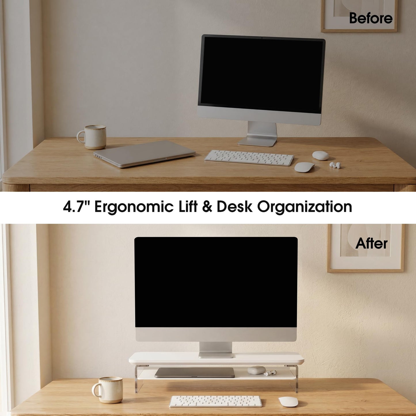 Fenge 23.6" Monitor Stand with Clear Acrylic Legs, White