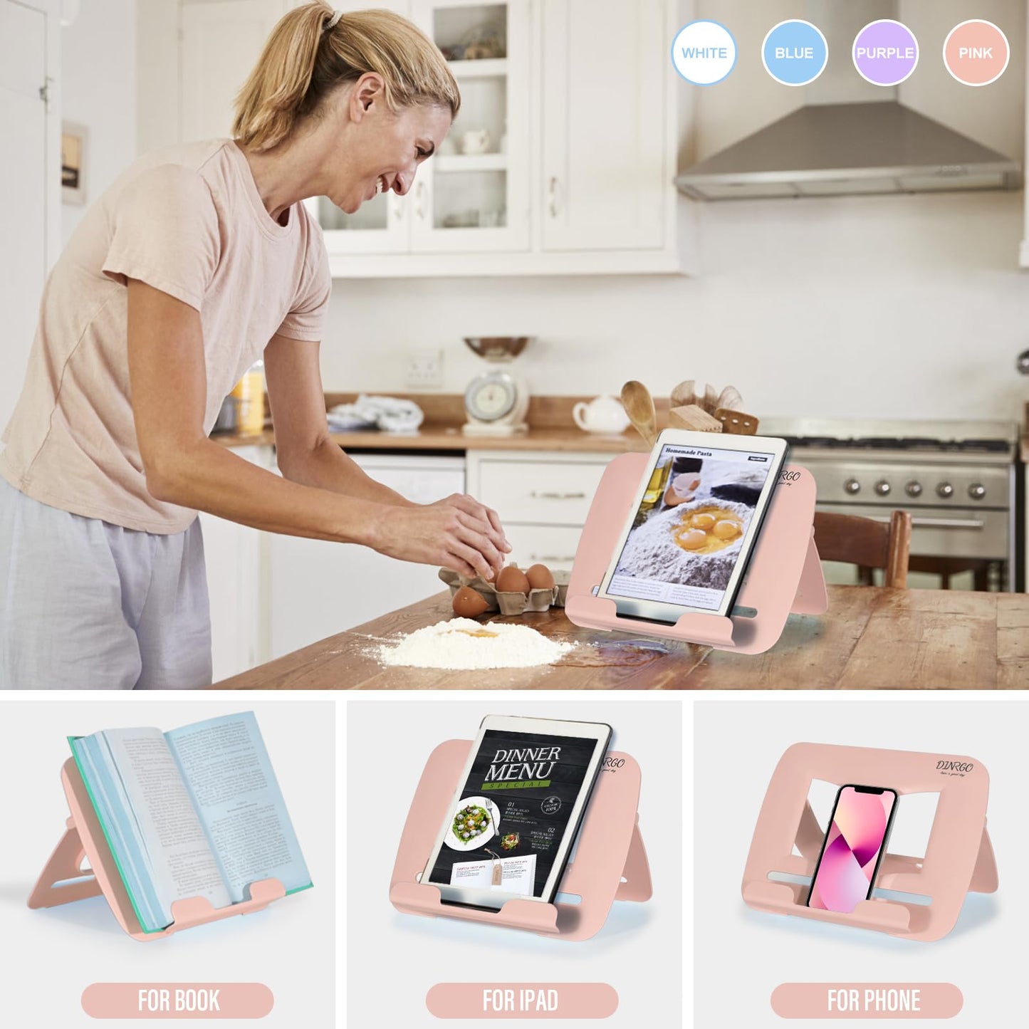 4Pack Book Stand - Waterproof Book Holder, Lightweight, Hands Free (Blue, Purple, Pink, White