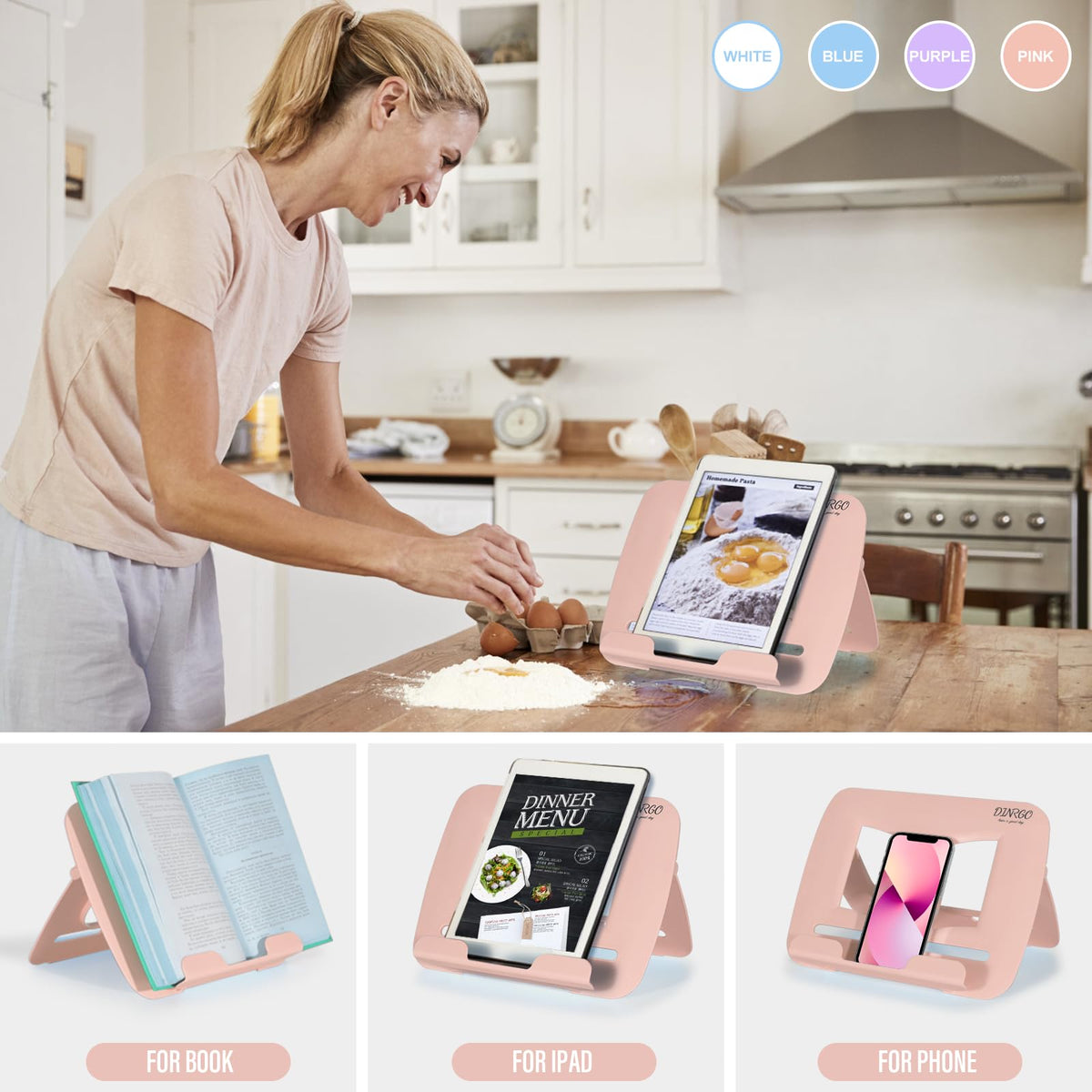 4Pack Book Stand - Waterproof Book Holder, Lightweight, Hands Free (Blue, Purple, Pink, White