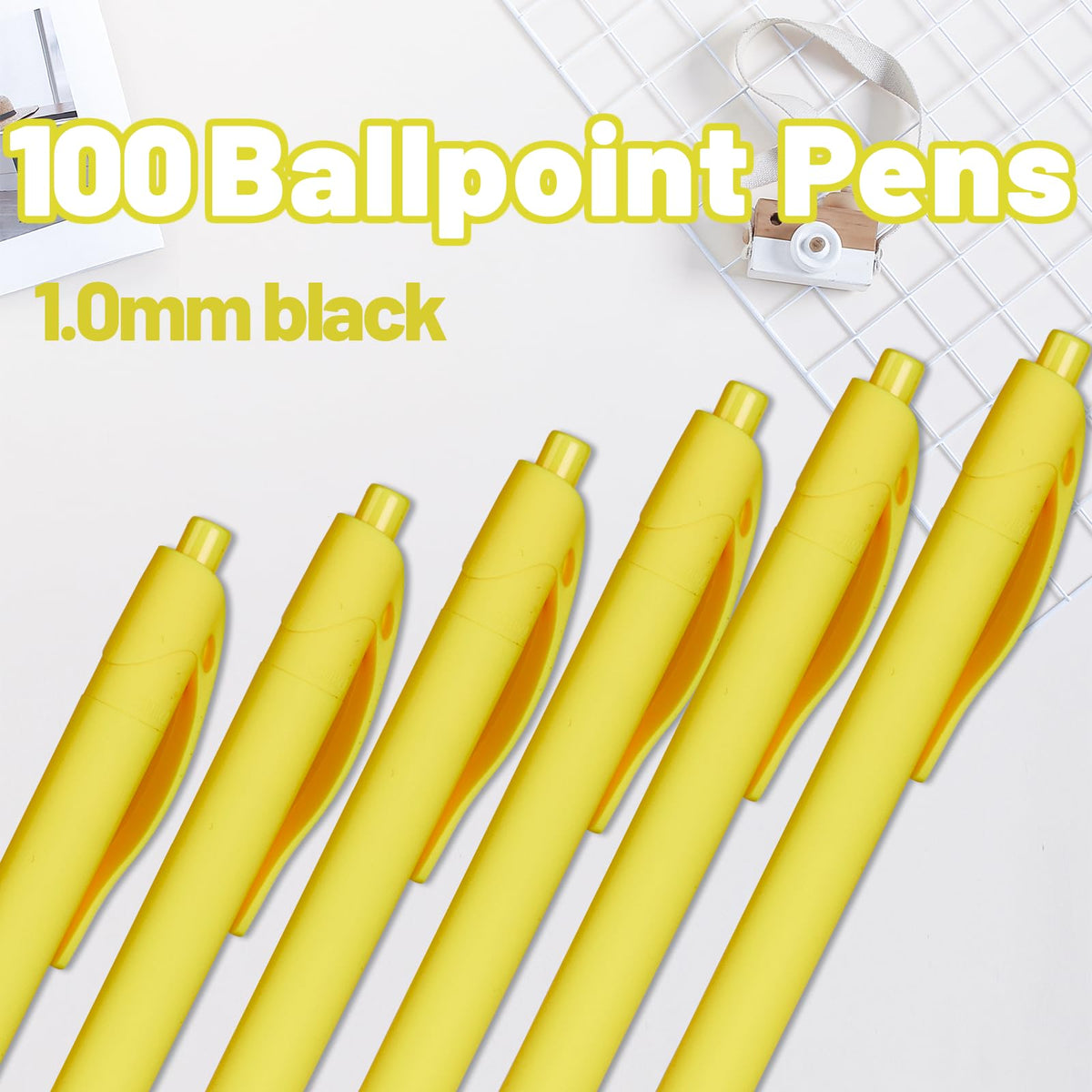 Wiaziert BallPoint Pens, 100 Pack (BLACK Ink),Bulk Pens, Yellow Barrel,Click Pens for Office Home