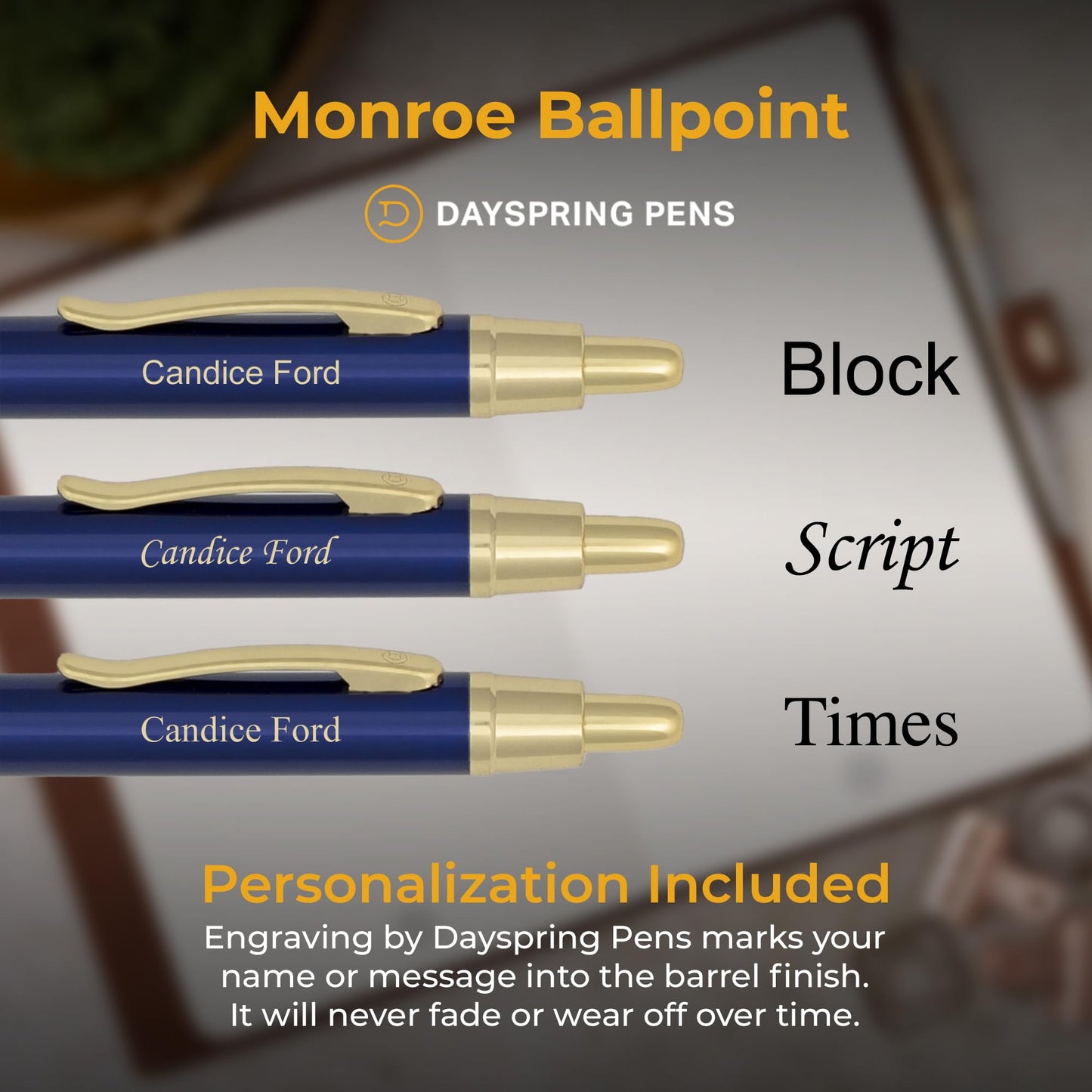 Dayspring Pens Monroe Personalized Ballpoint Pen in Blue Lacquer, Gold Trim