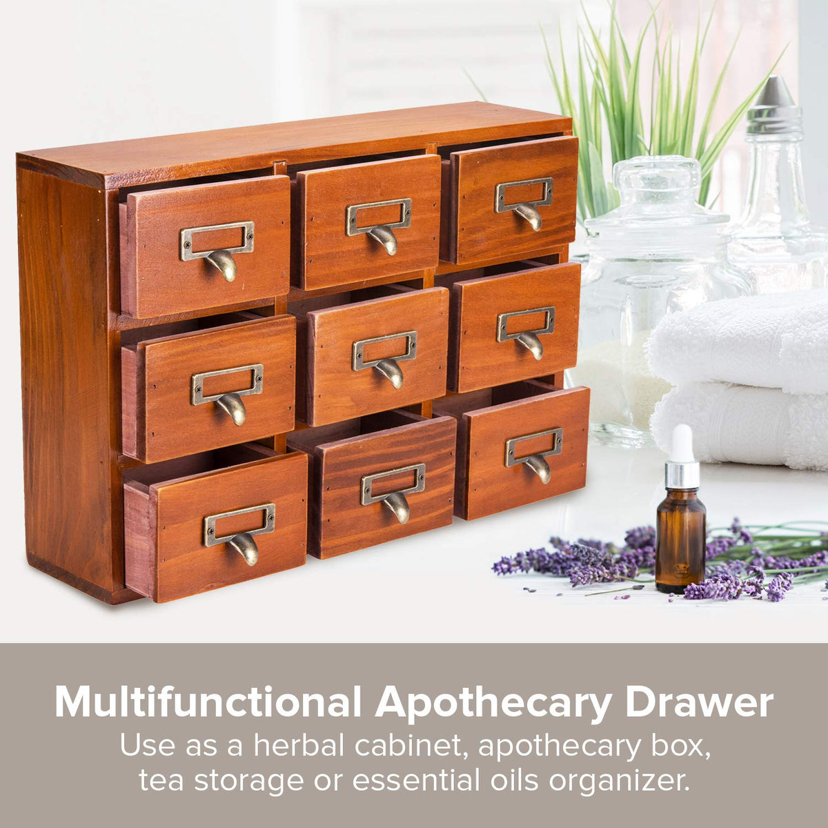 Wooden Drawer Organizer for Desktop - Vintage Apothecary Cabinet w/ 9 Drawers - Wood Desk Organizer