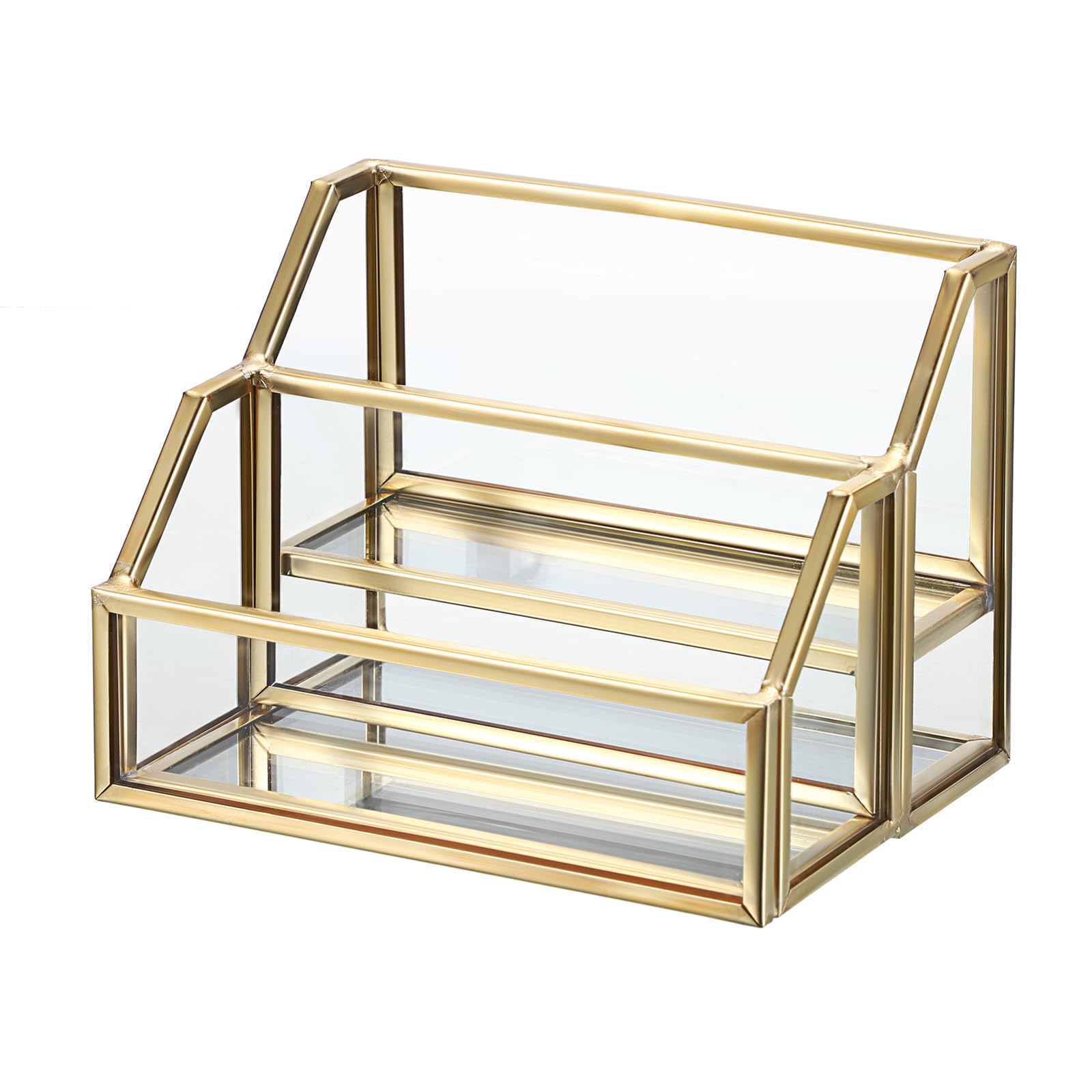 Hipiwe Glass Business Card Holder for Desk 2 Slots Gold Name Card Stand