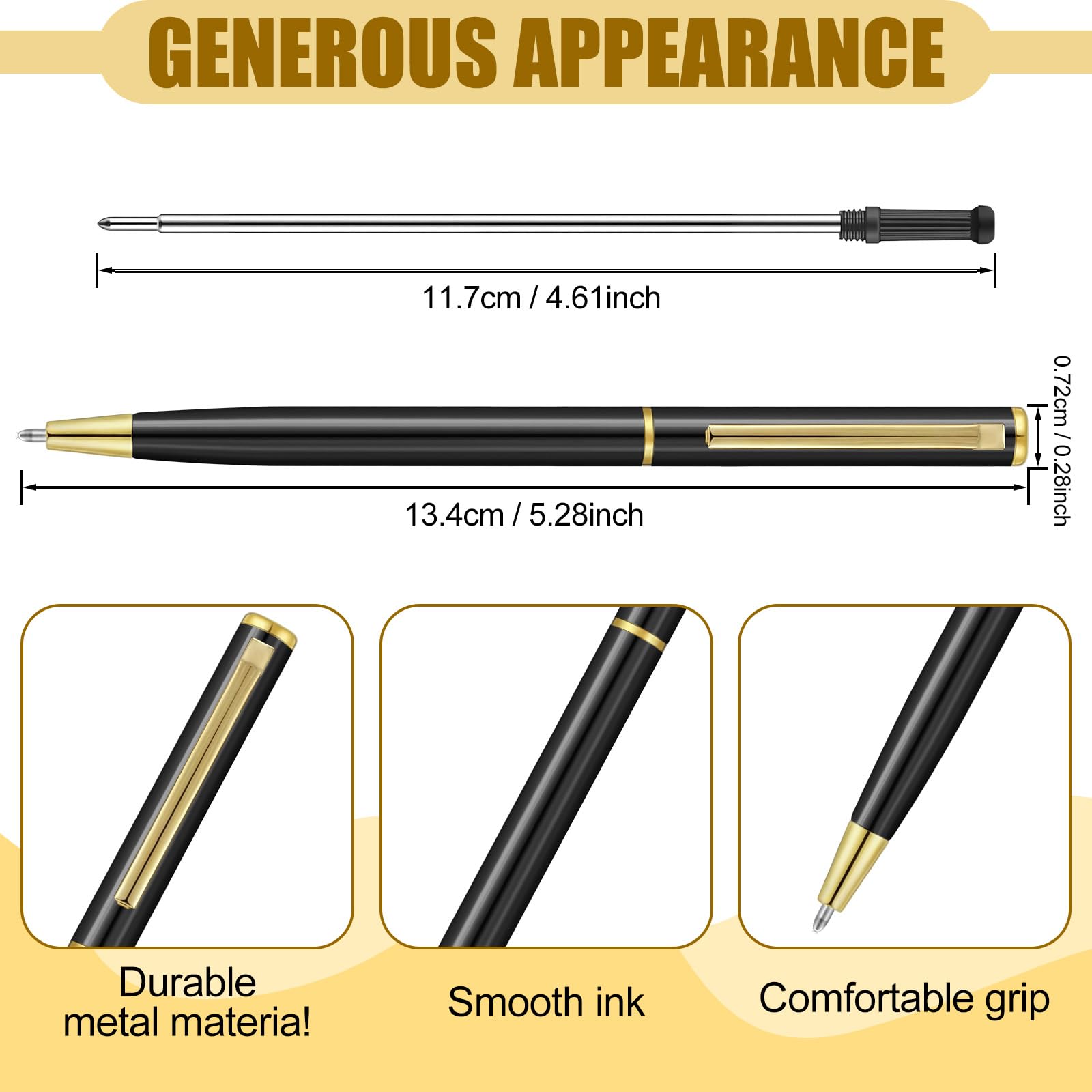Zonon 50 Pieces Black Gold Metal Slim Ballpoint Pens Bulk, 1mm Black Ink