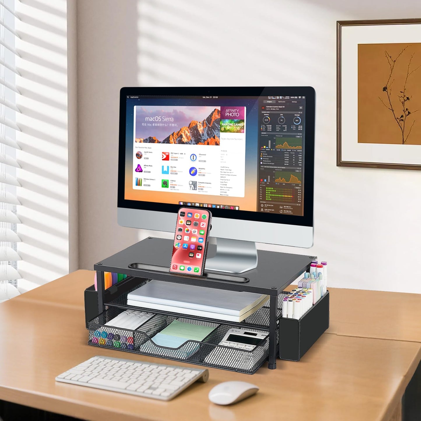 AUPSEN Wood Computer Monitor Stand Riser, 2-Tier Black Desk Organizer with Drawer, Pen Storage &