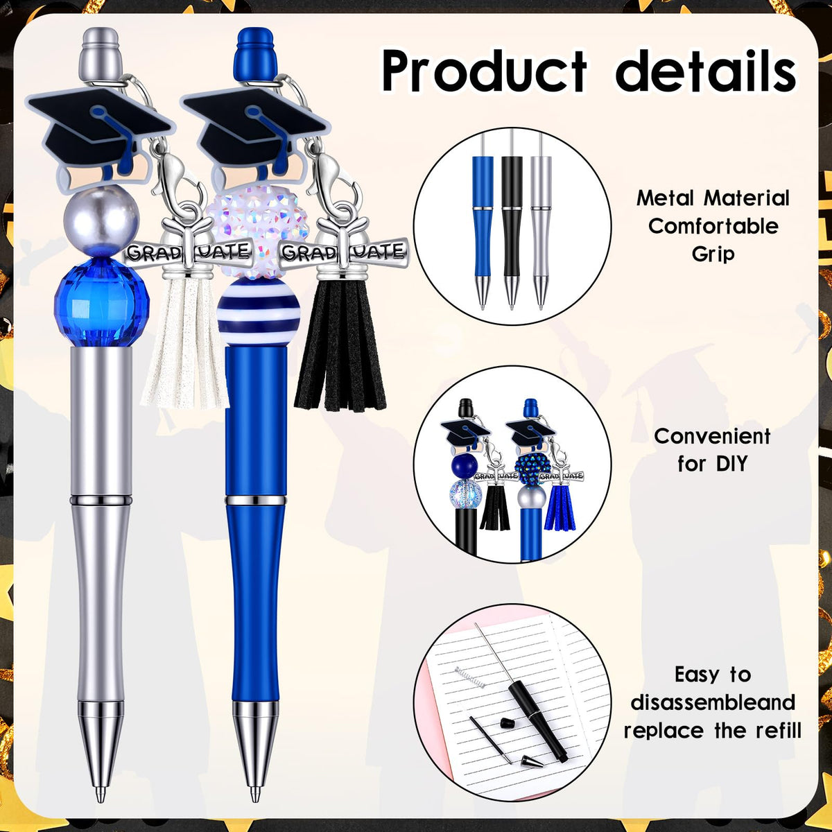 Jutom 12 Pcs Graduation Beadable Pens with 50 Pcs Focal Beads 12 Tassels 12 Cap Pendants DIY Making