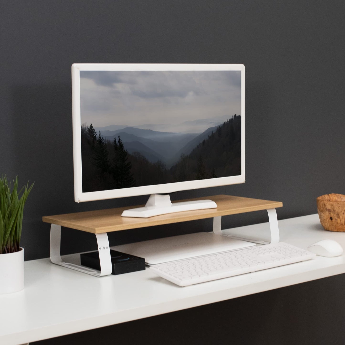 VIVO 24 inch Monitor Stand, Wood and Steel Desktop Riser, Screen, Keyboard, Laptop, Small TV