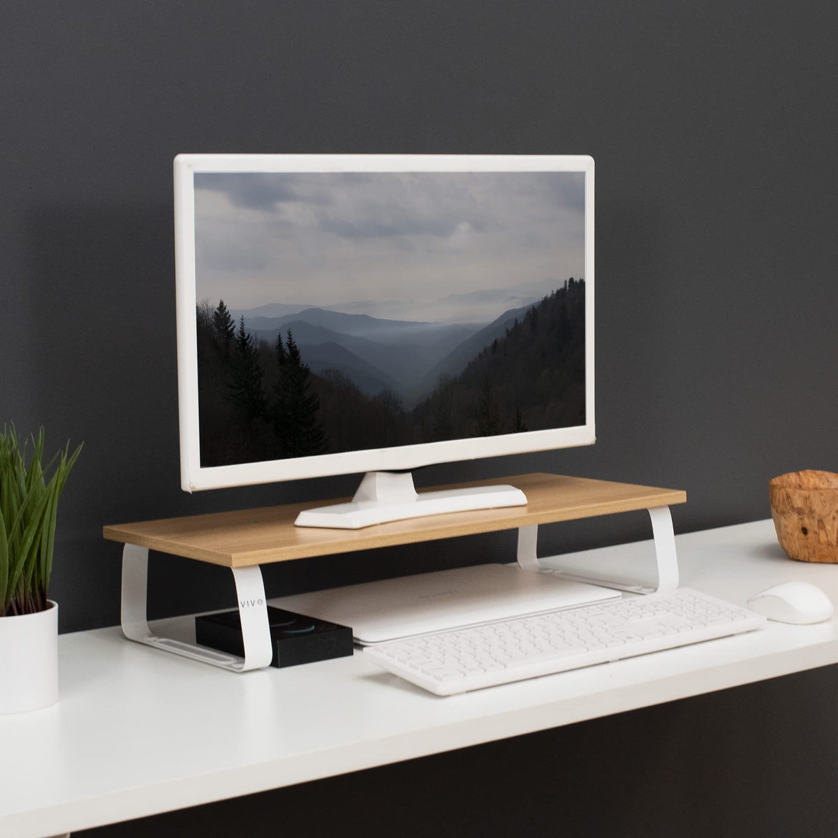 VIVO 24 inch Monitor Stand, Wood and Steel Desktop Riser, Screen, Keyboard, Laptop, Small TV