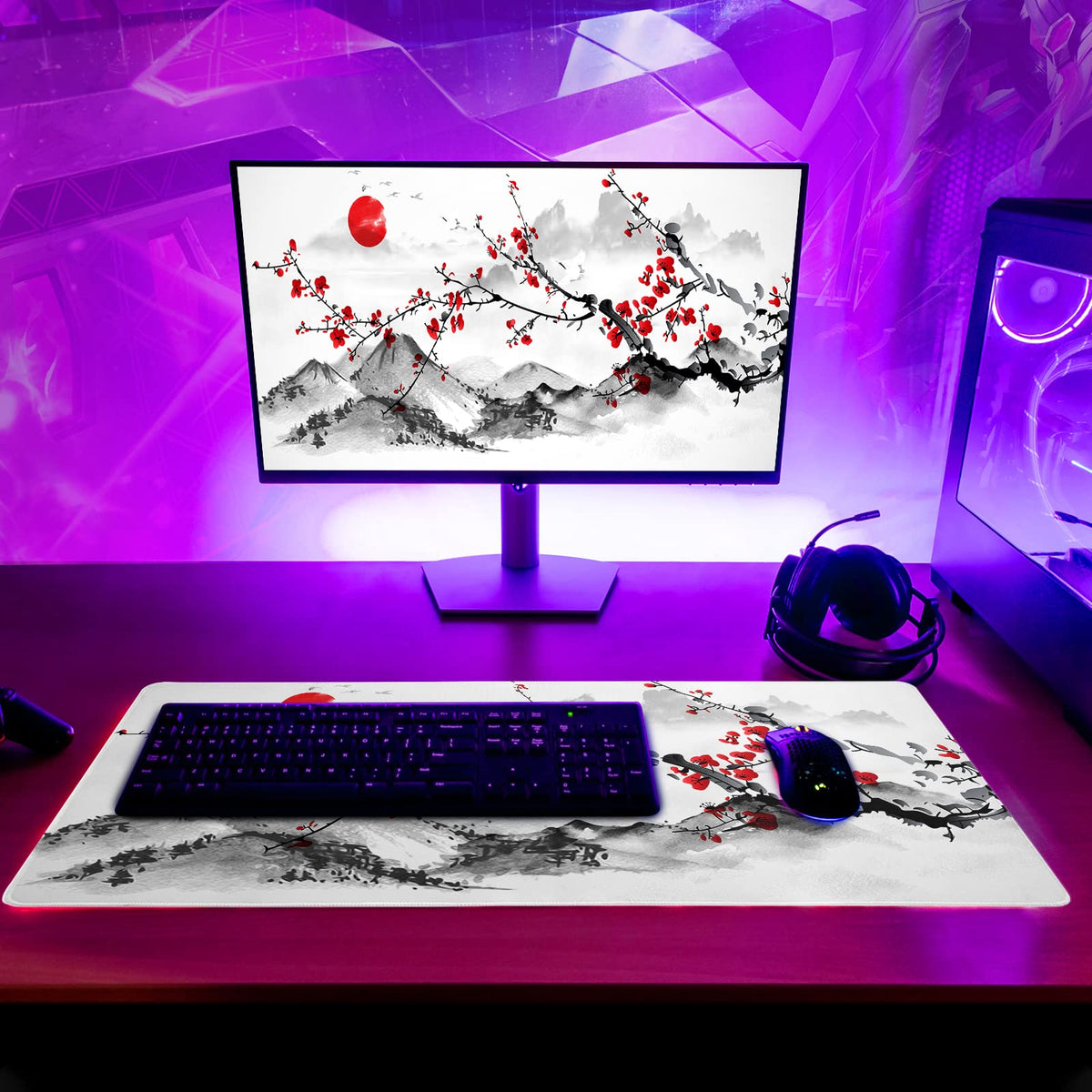 Japanese Cherry Blossom Gaming Mouse Pad 27.6x11.8 Inch Pink Full Desk Sakura Large Non-Slip Rubber