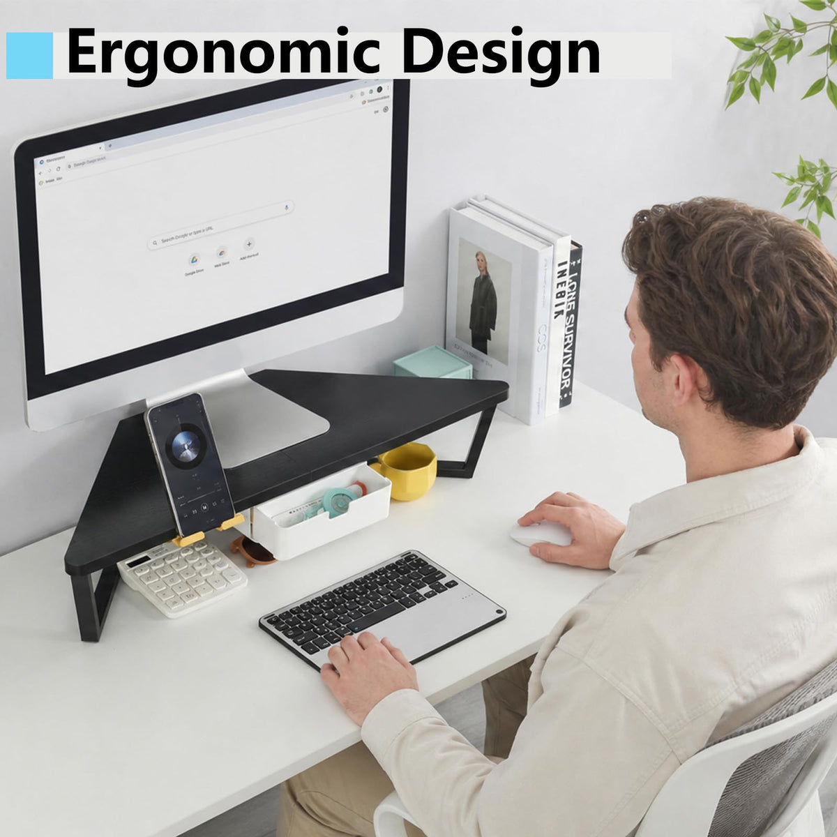 TEAMIX Corner Monitor Stand with Drawer and Phone Holder, 26x12.6x5.3in