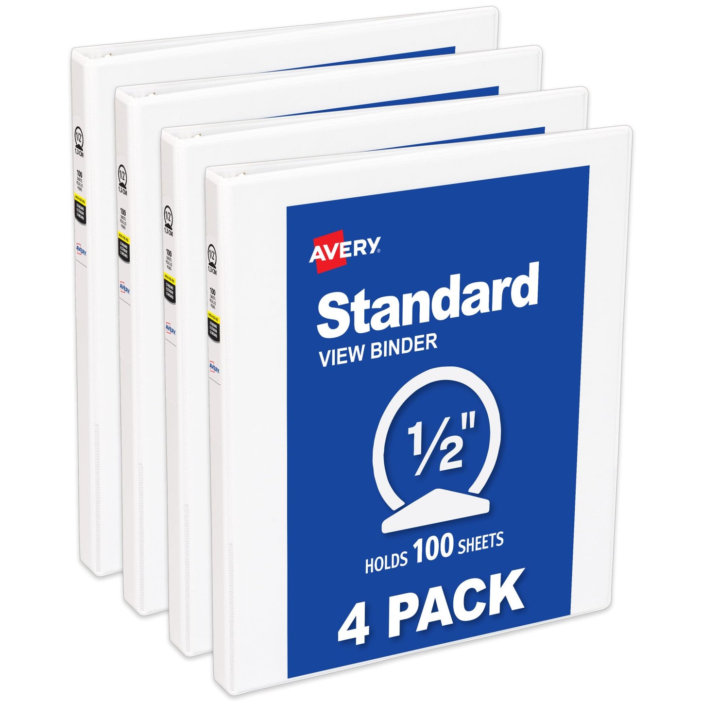 Avery® Standard View 3 Ring Binders, 0.5" Round Rings, 4 White Binders