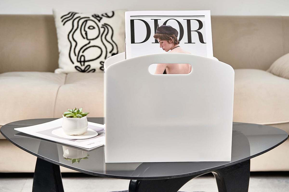 Meicloud White Magazine Holder - Acrylic Magazine Rack Floor, Newspaper Stand with handles, Modern