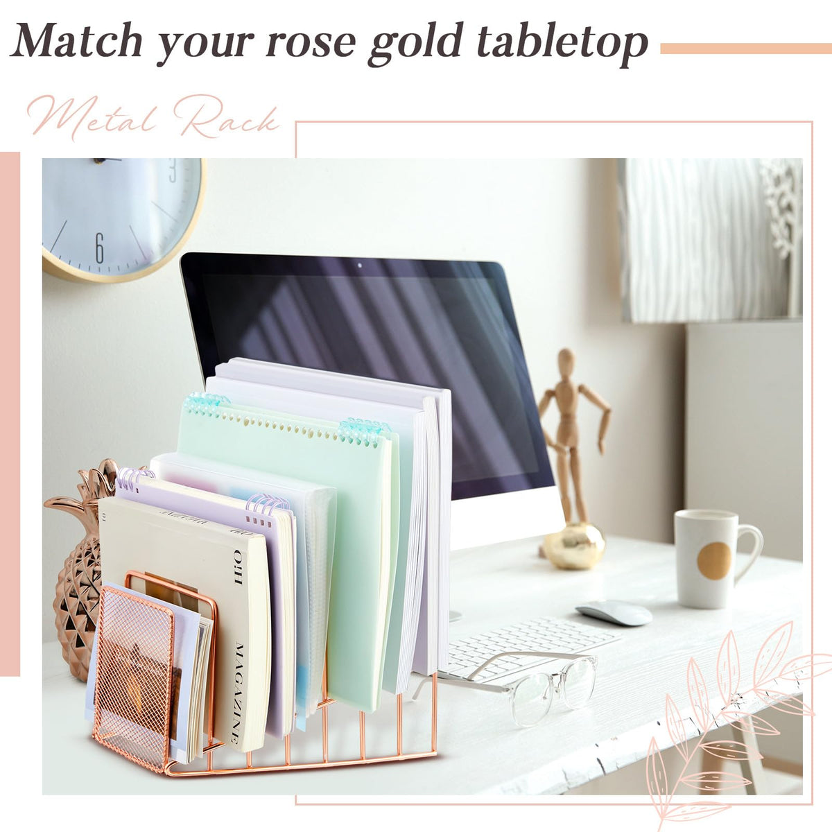 Chivertion 2 Pcs 2 Pcs Wire File Sorter Desk 7 Section Organizer, Rose Gold