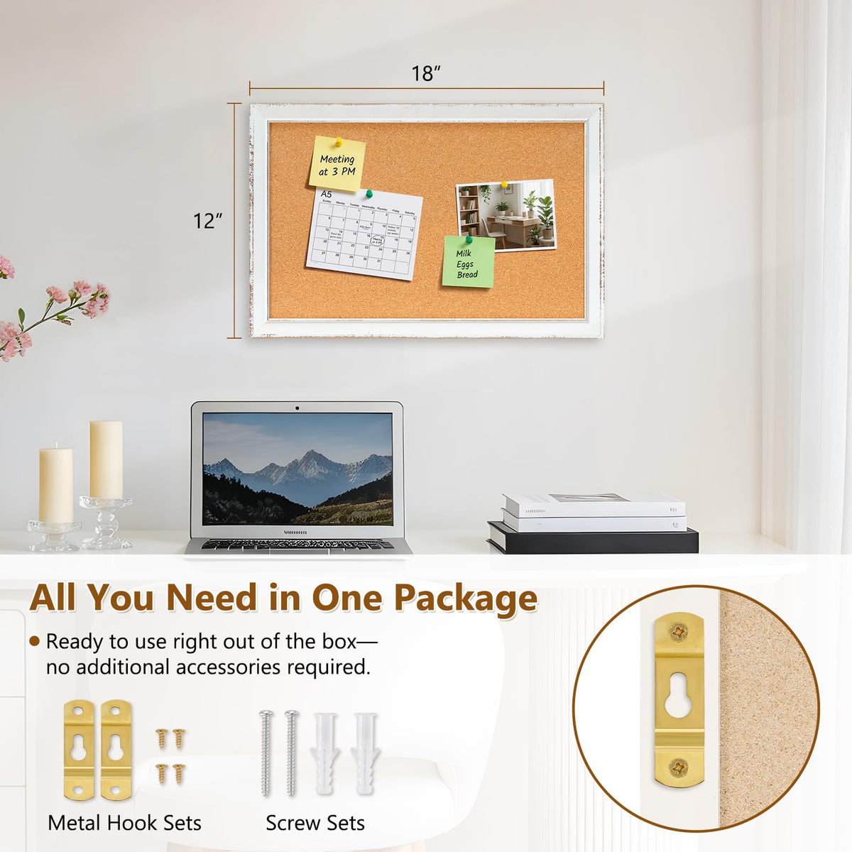 DOLLAR BOSS Distressed White Cork Board, 18"x12" Bulletin Board