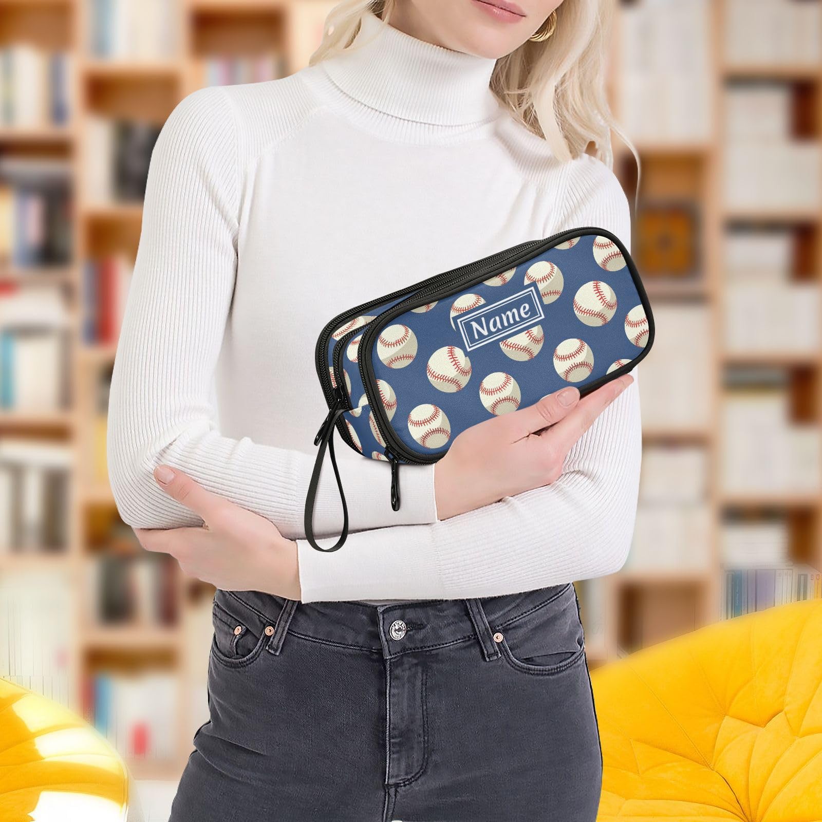 BOENLE Custom Baseballs Ball Blue Pencil Case Box Boys Girls Personalized Name Large Pencil Pouch