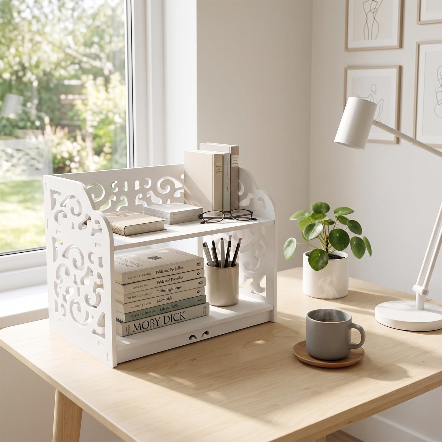MyGift 2 Tier White Desktop Bookshelf Organizer with Scrollwork Design