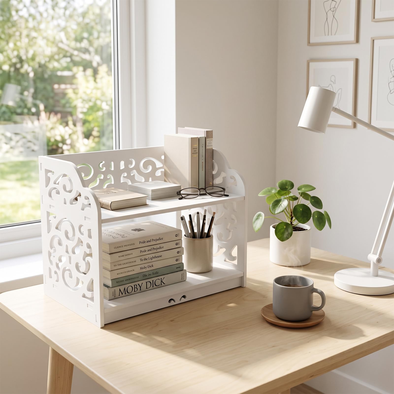 MyGift 2 Tier White Desktop Bookshelf Organizer with Scrollwork Design