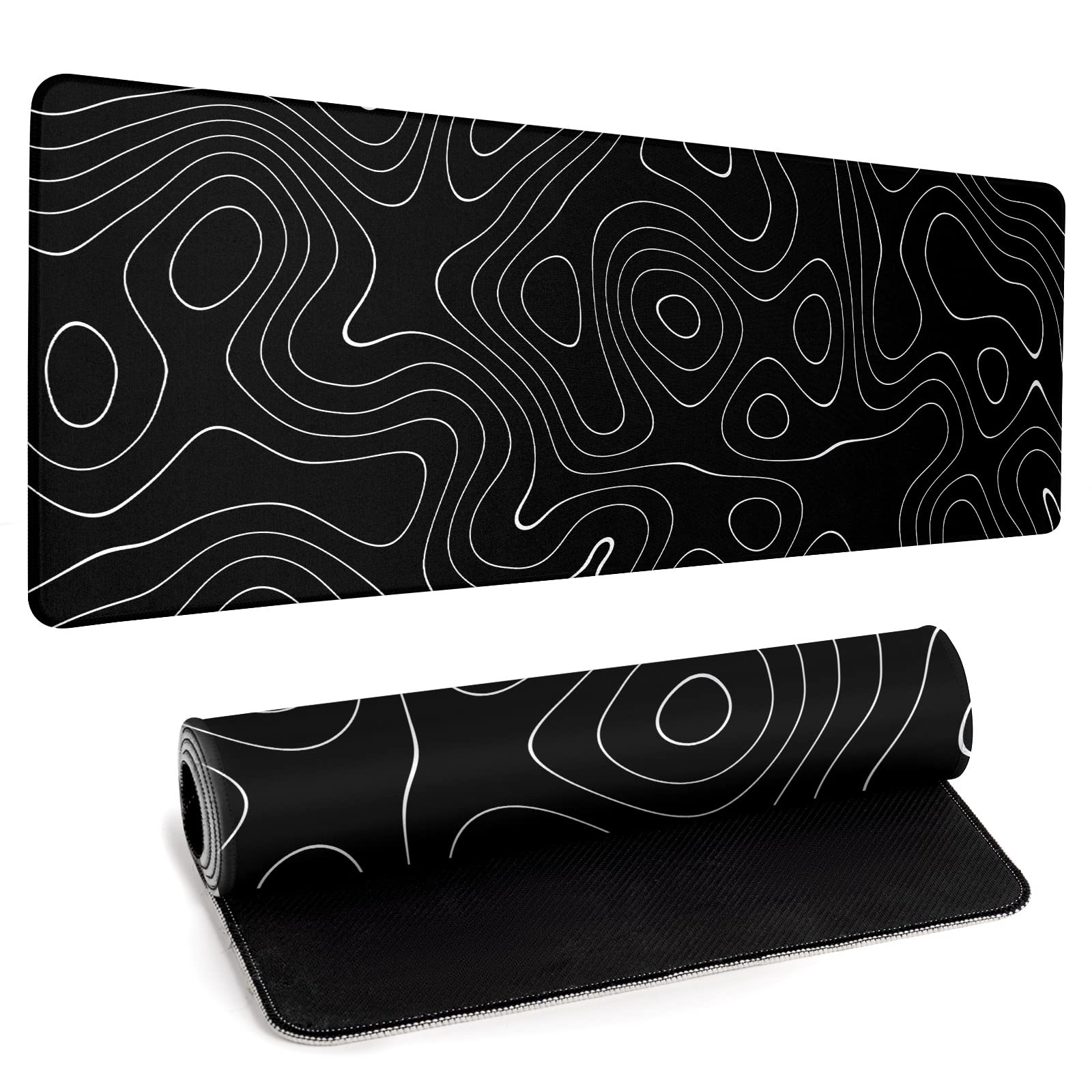 Llzdeuan Large Topographic Map Gaming Mouse Pad for Desk Black Desk Pad with Non-Slip Rubber Base