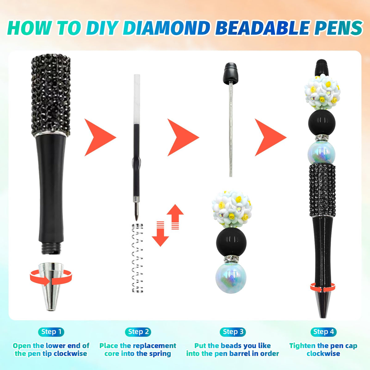 DASTTUIS 75 Pcs DIY Diamond Beadable Pen Kit - 25 Plastic Rhinestone Beaded Pens Bulk with Refills