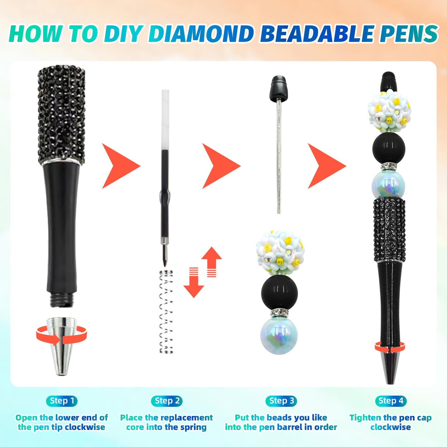 DASTTUIS 150 Pcs DIY Diamond Beadable Pen Kit - 50 Plastic Rhinestone Beaded Pens Bulk with Refills