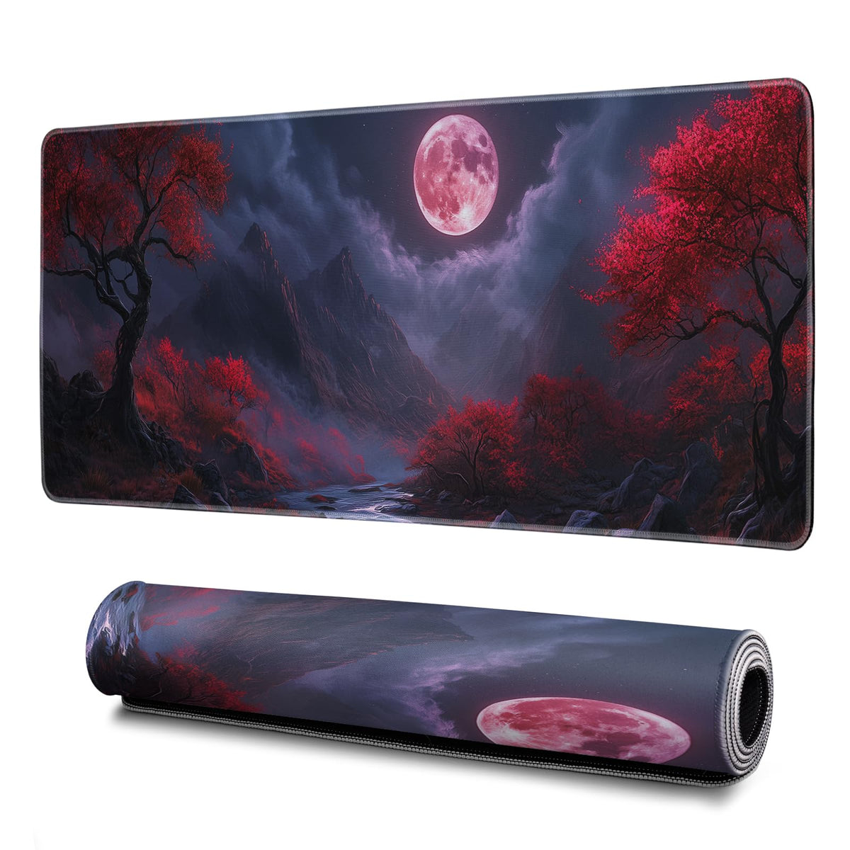 Darkness Red Moon Mouse Pad Abstract Red Mouse Pad 31.5x11.8 Inch Texture Non-Slip Rubber Base