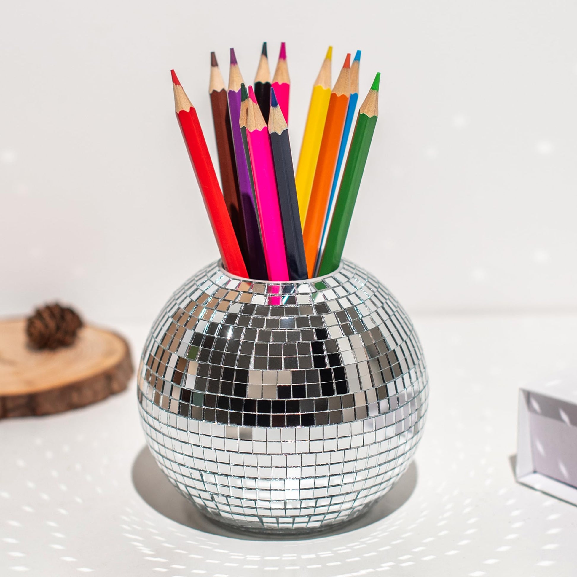 RGBDOT Disco Ball Pencil Holder for Desk - Pen & Makeup Brush Organizer with Silver Sequins, Disco