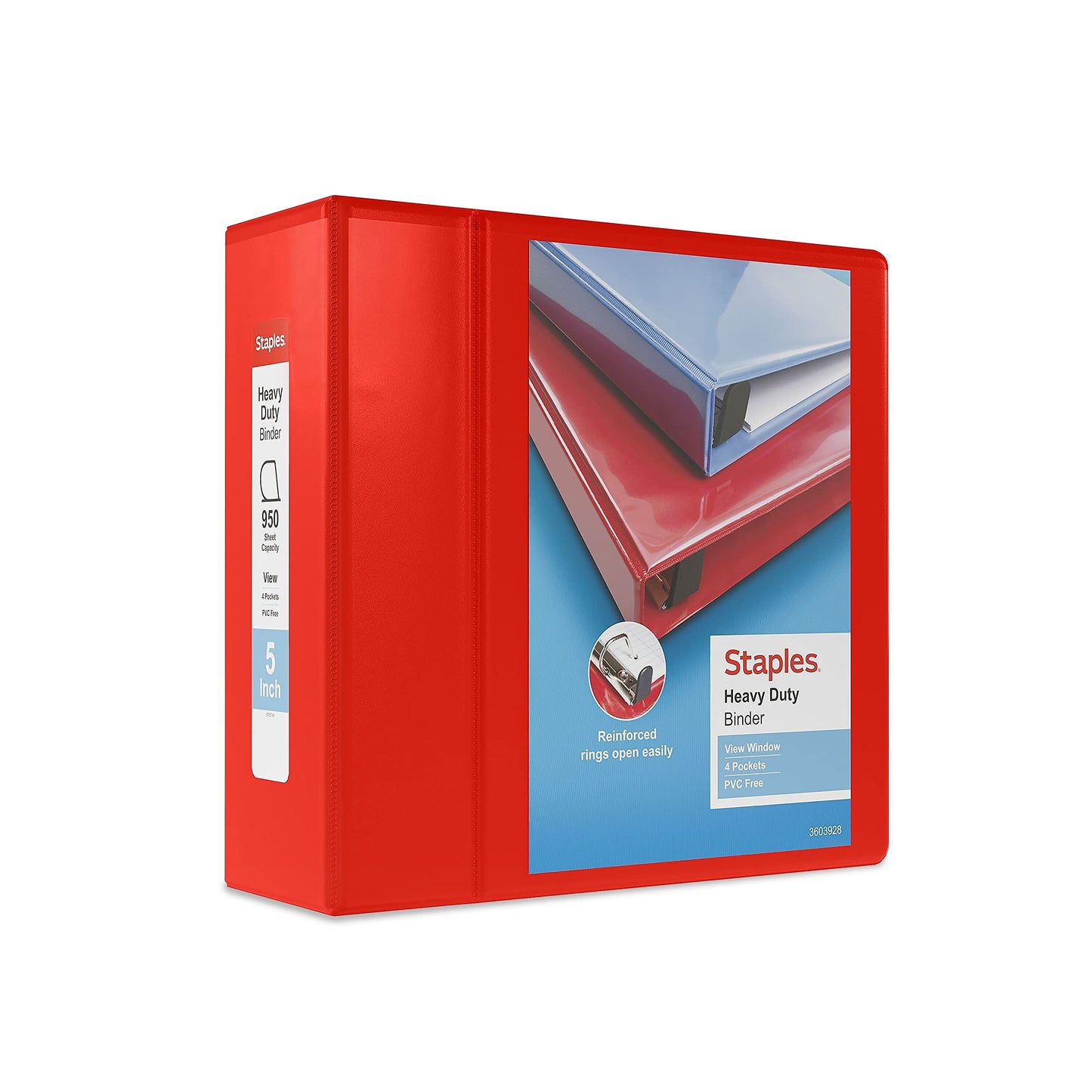Staples Heavy-Duty 5 Inch 3-Ring View Binders with D-Rings, Red, Four Interior Pockets, Extra-Large