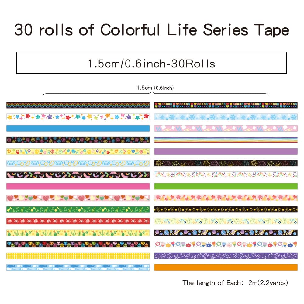 icceemee 30 Rolls Colorful Theme Washi Tape Set with Different Colorful Patterns, Writable