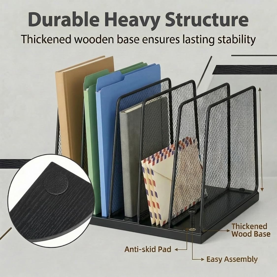 Becomrock 5-Section Vertical File Organizer for Desk, Sturdy Wood Base & Metal Mesh Desktop File