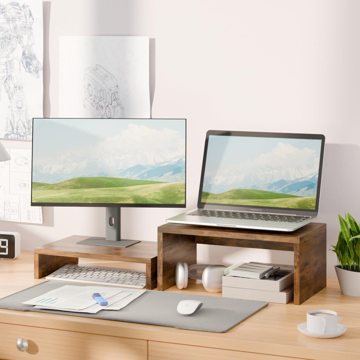 TEAMIX 6.7 inch Tall Monitor Stand Riser, Wood Shelf Riser, Desk Organizer