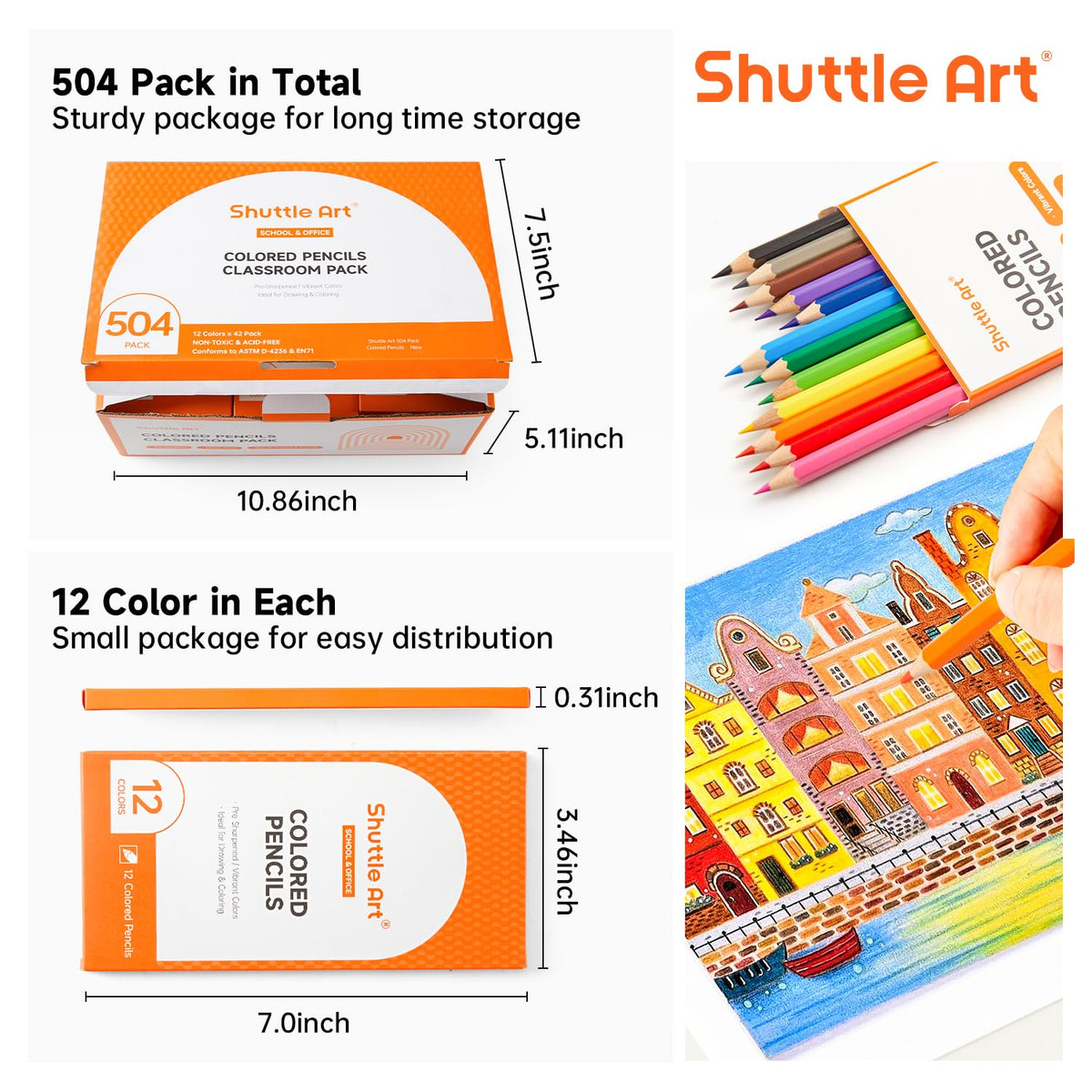 Shuttle Art 504 Colored Pencils Bulk, 12 Vibrant Colors, Pack of 42, Pre-sharpened Coloring