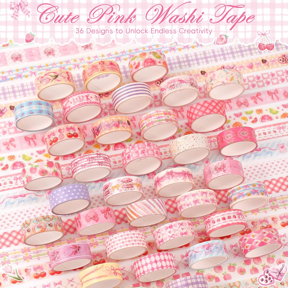 icceemee 36 Rolls Sweet Pink Theme Washi Tape Set with Different Colorful Patterns, Writable