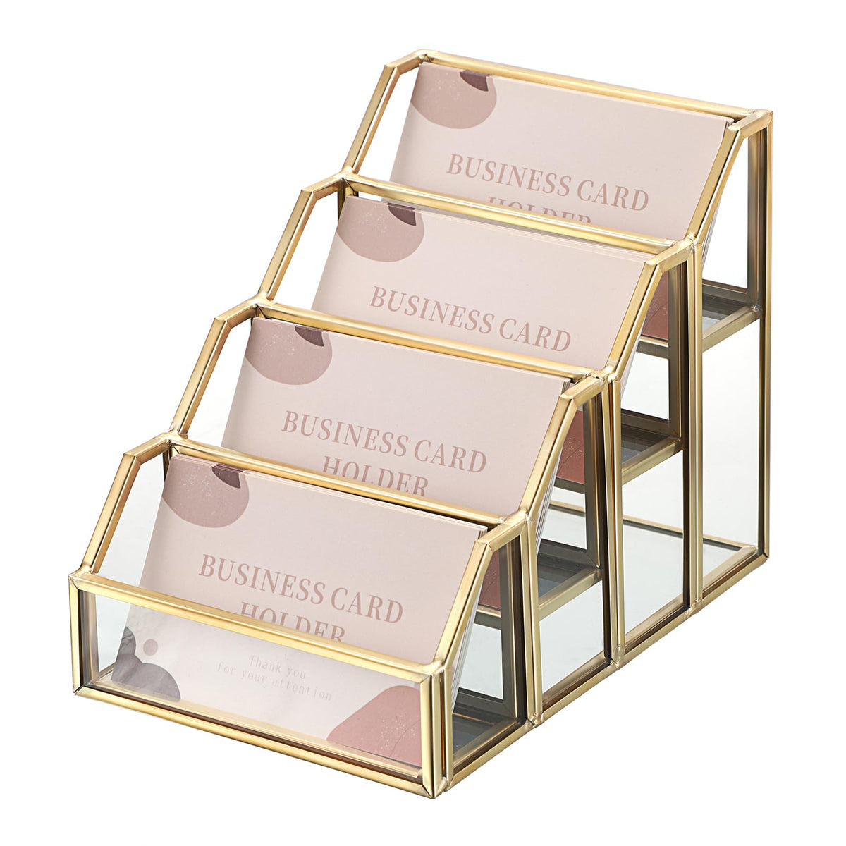 Hipiwe 4 Slots Glass Business Card Holder with Gold Metal Frame for Desktop