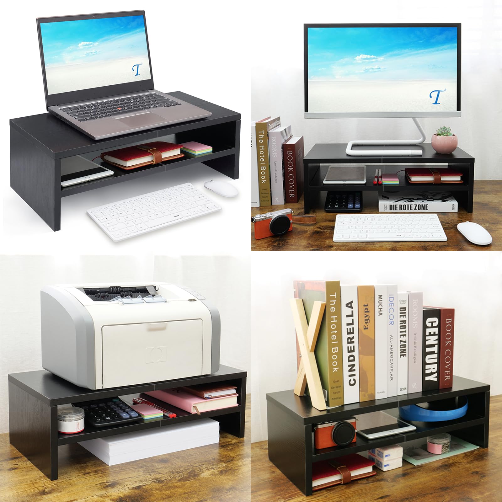 TEAMIX 20 inch Wood Monitor Riser Stand with Keyboard Storage，2 Tiers Black