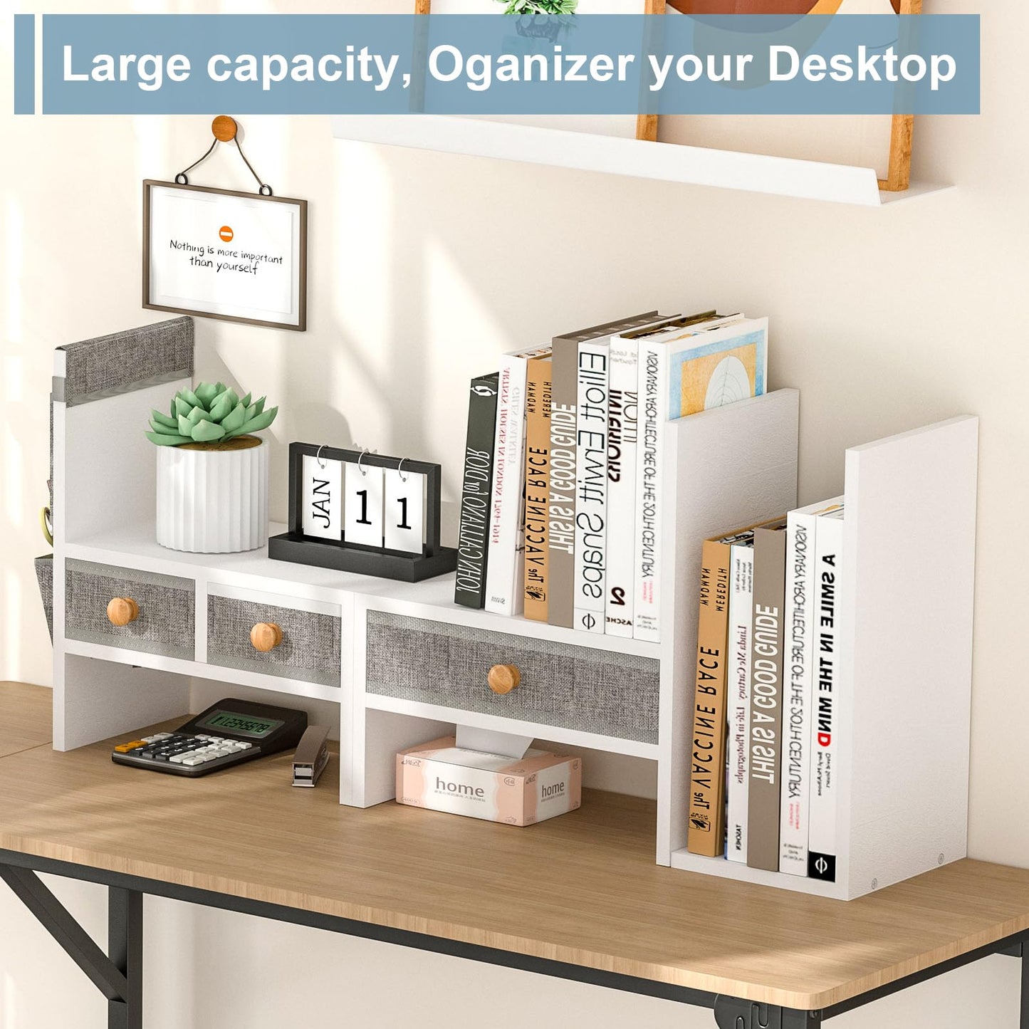 X-cosrack Adjustable Desk Shelves for Storage, Desktop Bookshelf with 3 Drawers, White Wood Desk