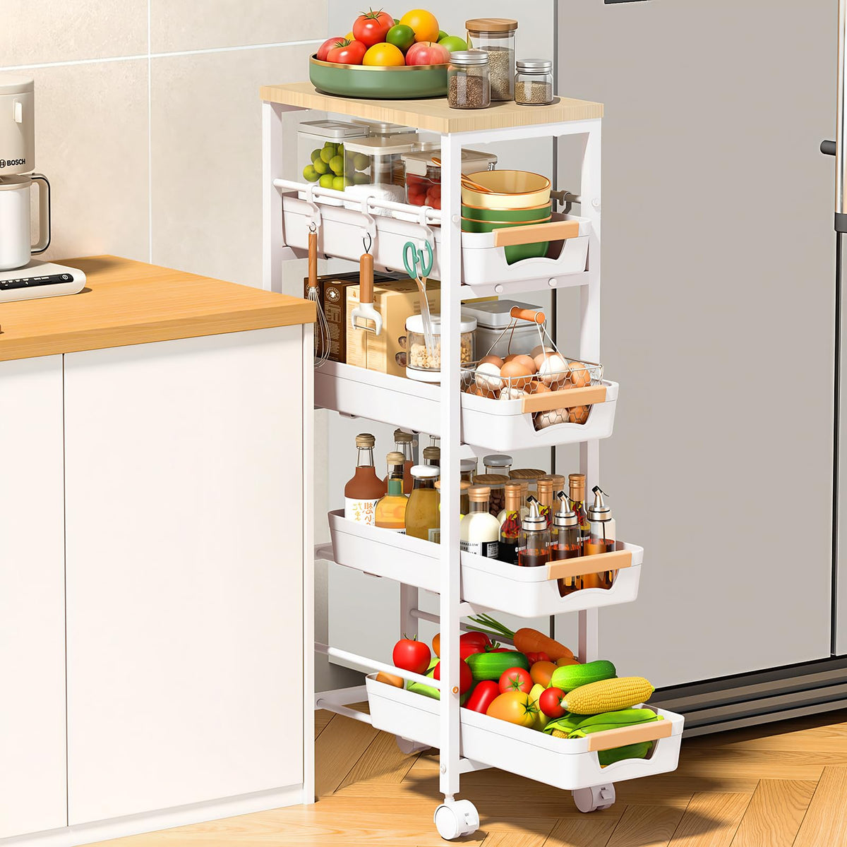 SUNALLY Slim Storage Cart with Wheels, Narrow Kitchen Rolling Cart, White