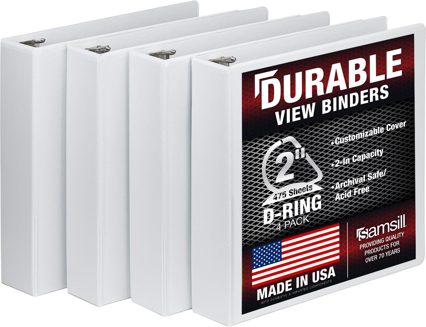 Samsill Durable 2 inch 3 Ring Binder, D Ring Binder, 100% Recycled Chipboard, White, 4 Pack