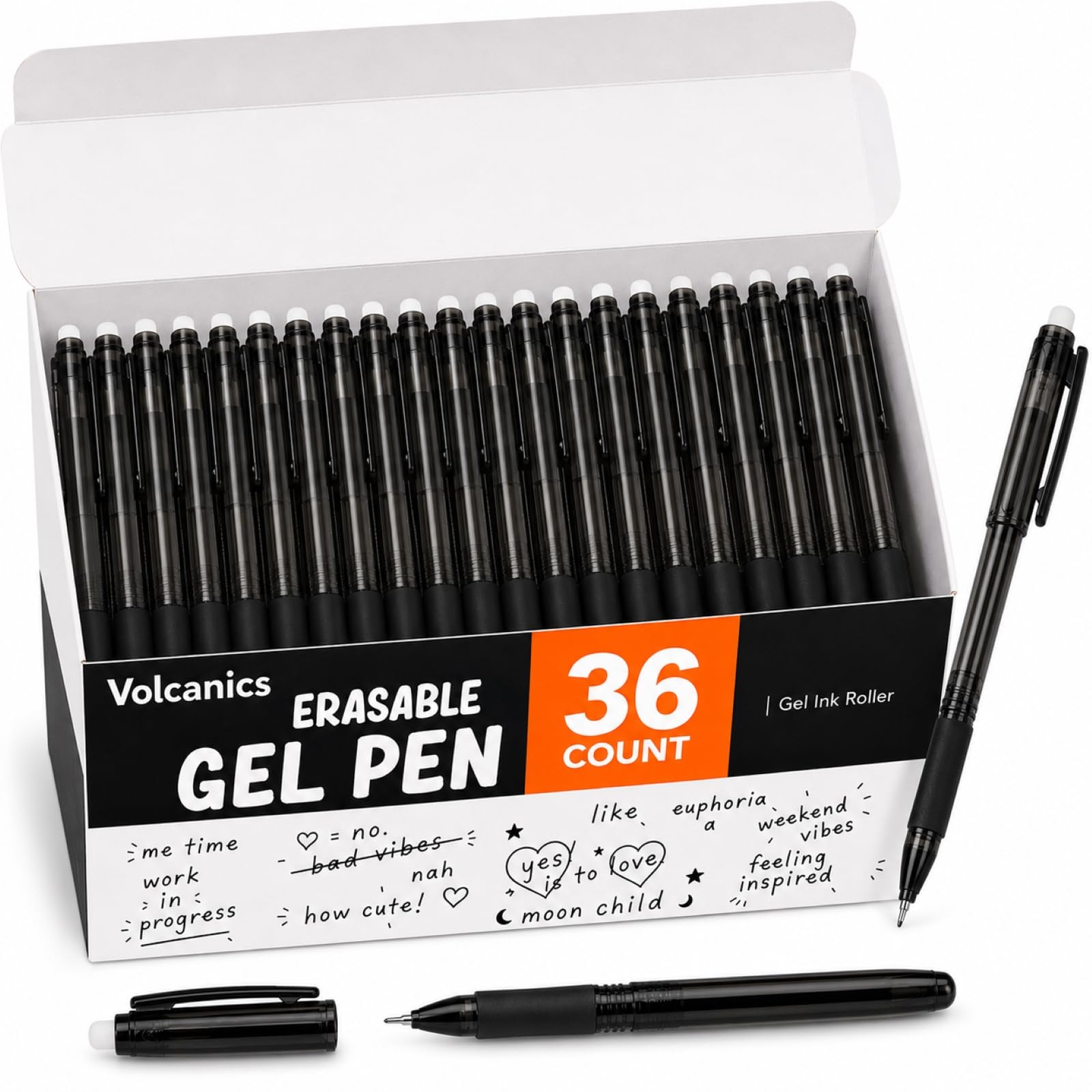 Volcanics Erasable Gel Pens, 0.7mm Fine Point, Soft Black, 36 Pack