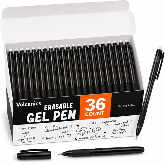 Volcanics Erasable Gel Pens, 0.7mm Fine Point, Soft Black, 36 Pack